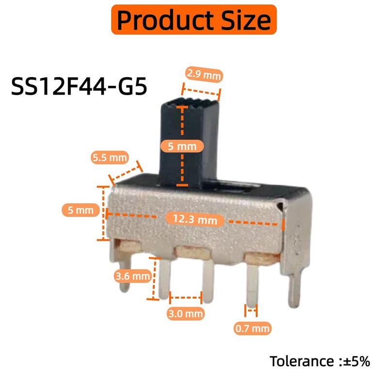 EGSCST 150PCS Micro Mini Slide Switch SPDT Toggle Switches 1p2t 2 Position 3 Pin Small Miniature Vertical Panel Mount Dip Knob for Arduino PCB Breadboard Electronic Project - SS12F44 5mm DC 50V 0.5A - Image 2